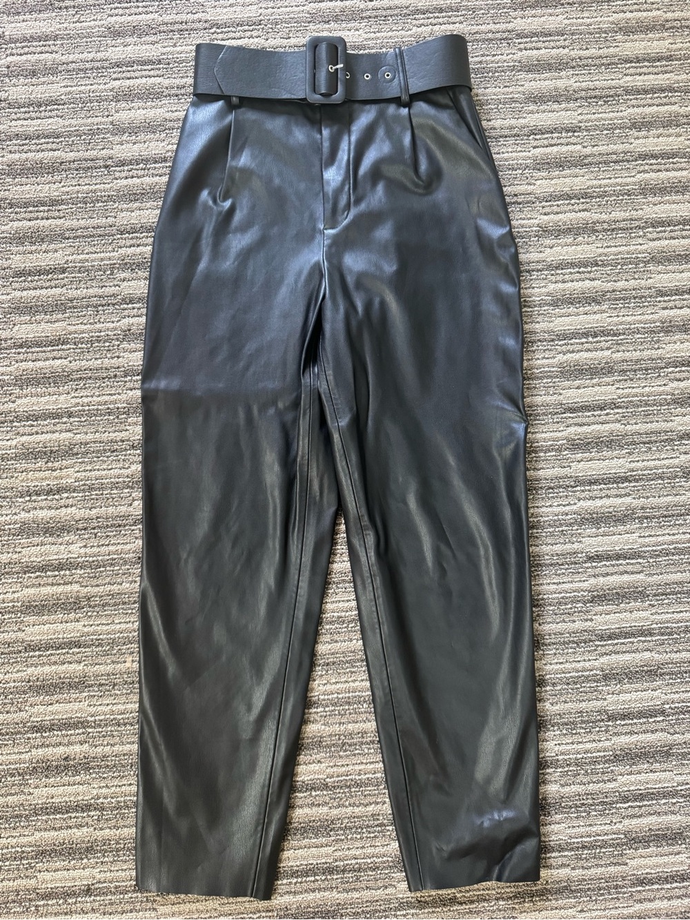 Zara Black Faux Leather Straight-Leg Belted Pants